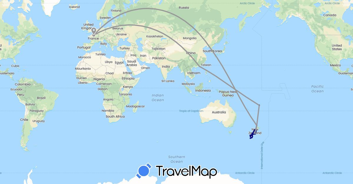 TravelMap itinerary: driving, plane, boat in China, Fiji, France, South Korea, New Zealand (Asia, Europe, Oceania)